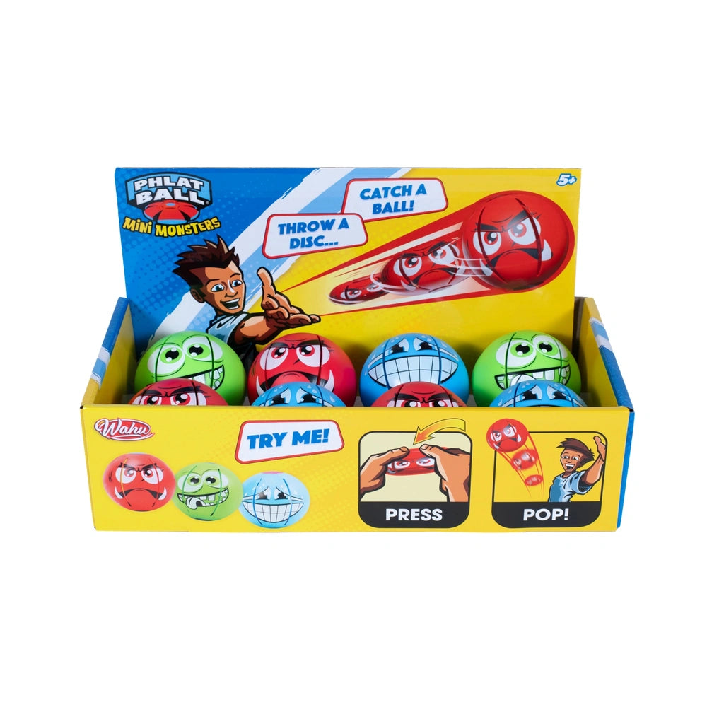 Goliath Wahu Kamuolys Phlat Ball Mini Monsters packaging features colorful balls and playful graphics on a yellow background.
