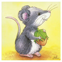 Gollness Baby Animals Cube Puzzle featuring a gray and white mouse alongside a green leaf on a solid color background.