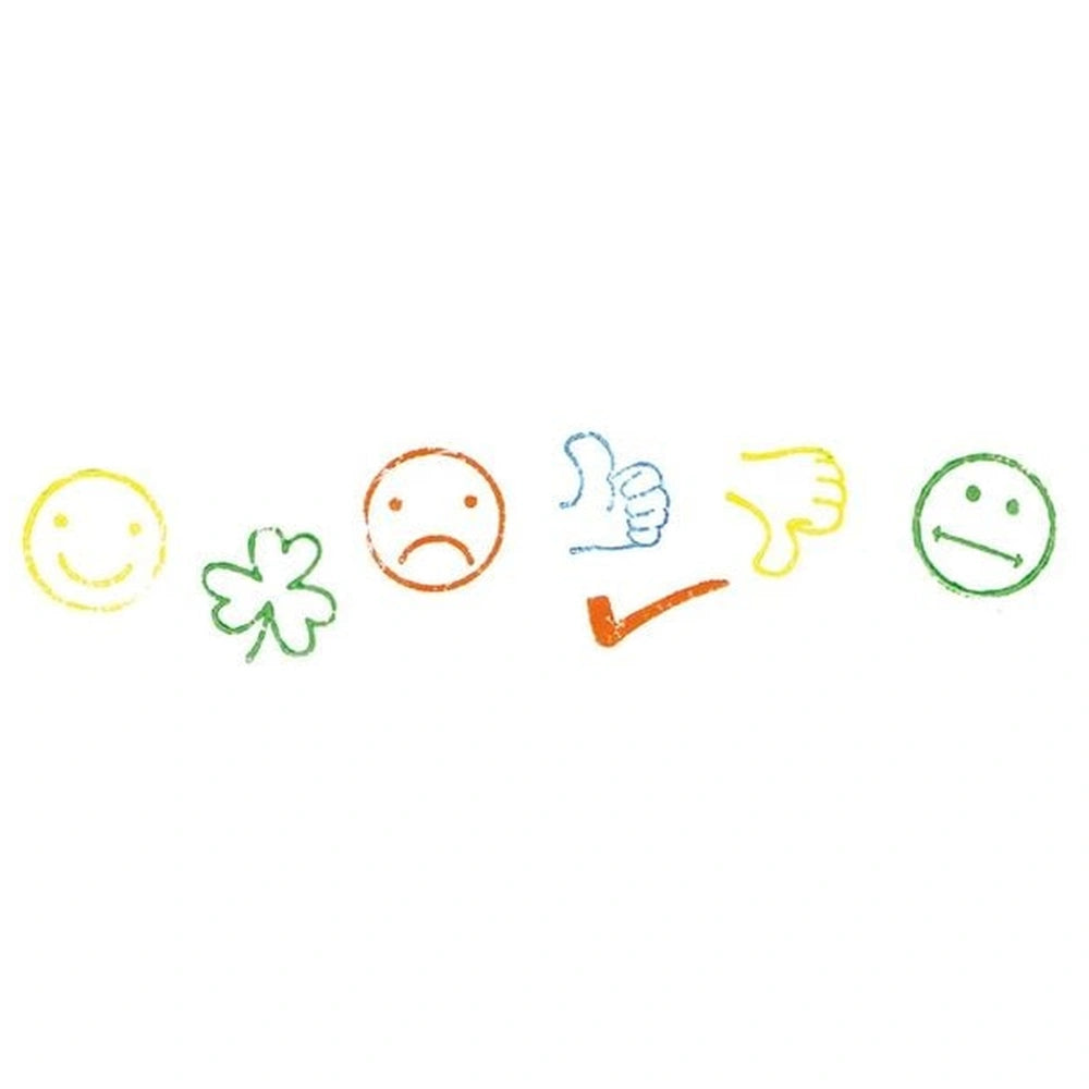 Gollness Cloverleaf and Smile Stamp Set features colorful smiley faces with expressions and symbols on a white background.
