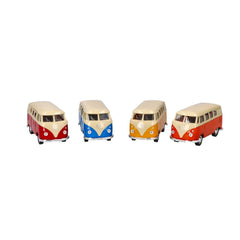 Gollness die-cast Volkswagen Classic Om 1962 features red, blue, and orange vans with matte finishes and transparent windows.