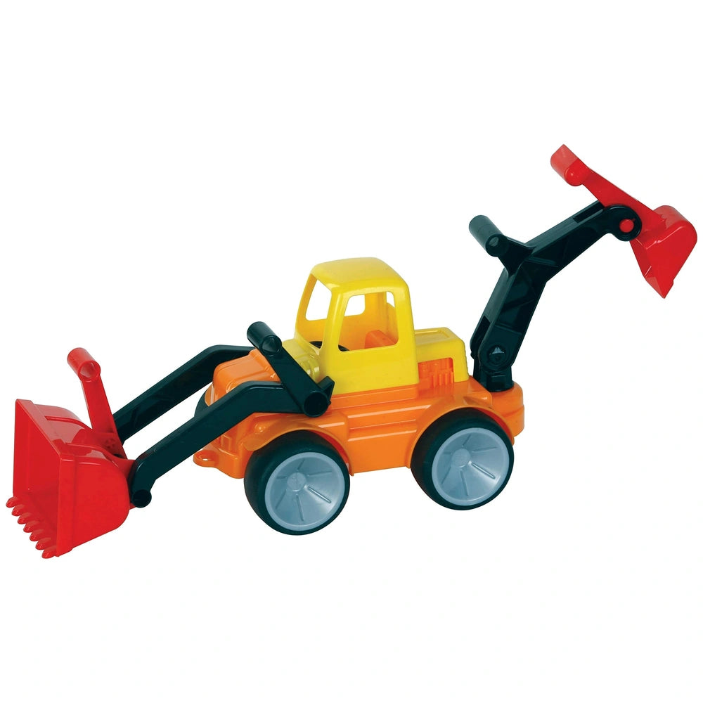Gowi bulldozer toy in orange with yellow cab, red shovel, and black wheels, made of plastic with a matte finish.
