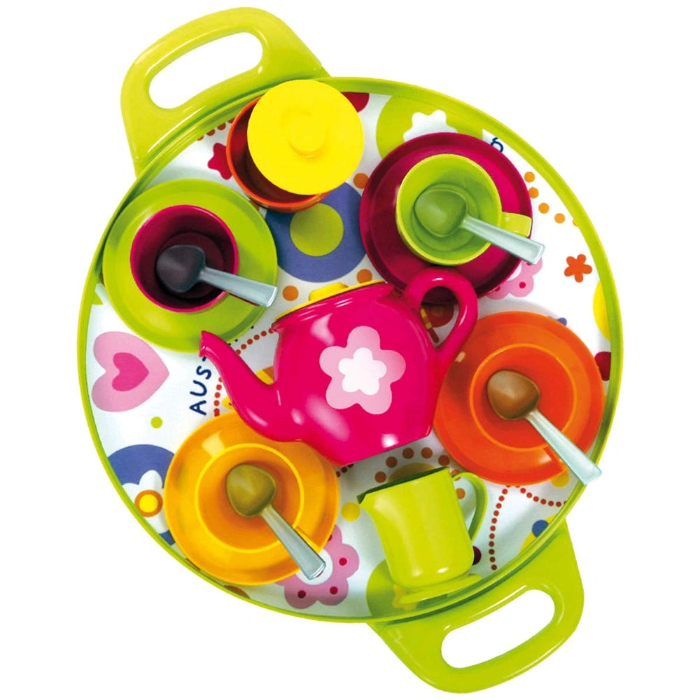 Gowi coffee service set features a green tray, pink teapot, two yellow cups, two orange cups, and two silver spoons.