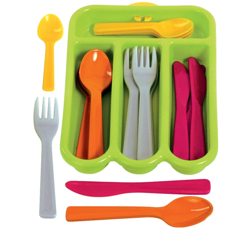 Gowi cutlery basket with green lid containing orange, yellow, red, and pink plastic silverware in organized compartments.