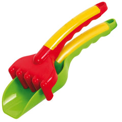 Gowi beach toy set features a colorful 24 cm shovel and rake with red, green, and yellow handles for sand play.