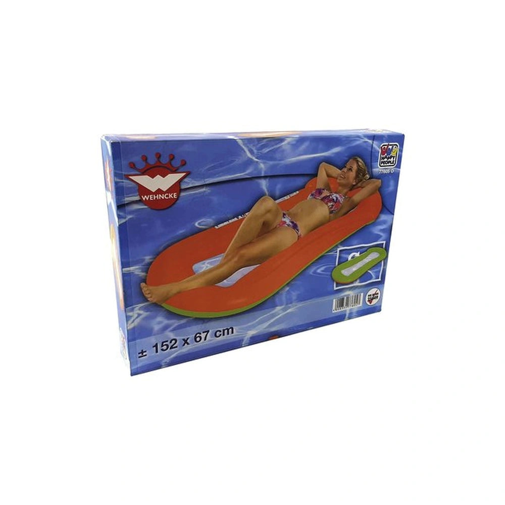 Happy People air mattress packaging features a girl in a pink bikini on an orange and green float, with a blue background.