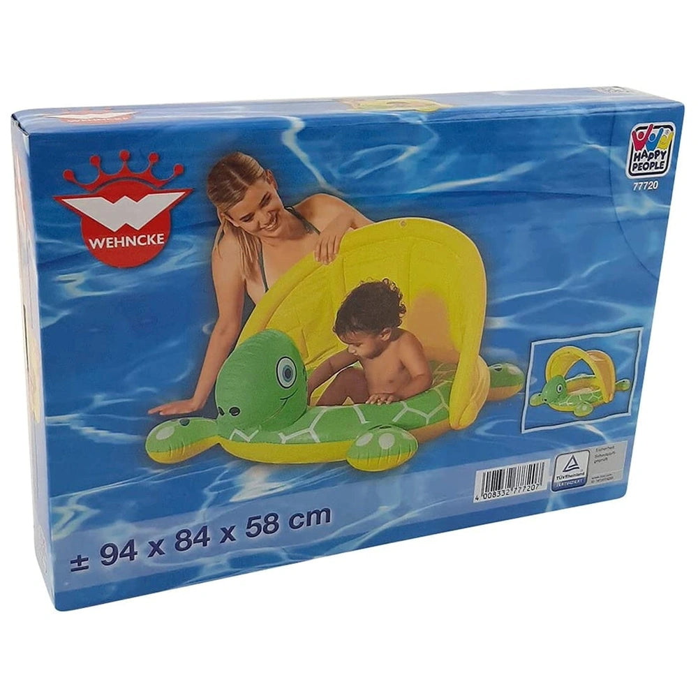 Happy People baby pool turtle with sunroof, featuring a blonde woman and child on a float, against a blue water background.