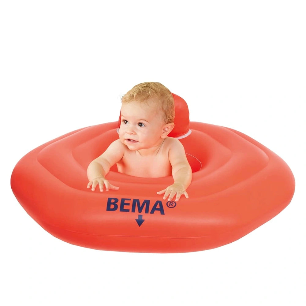 Happy People Bema Baby Swimming Seat features a baby with blonde hair sitting on a red inflatable ring, enjoying the water.