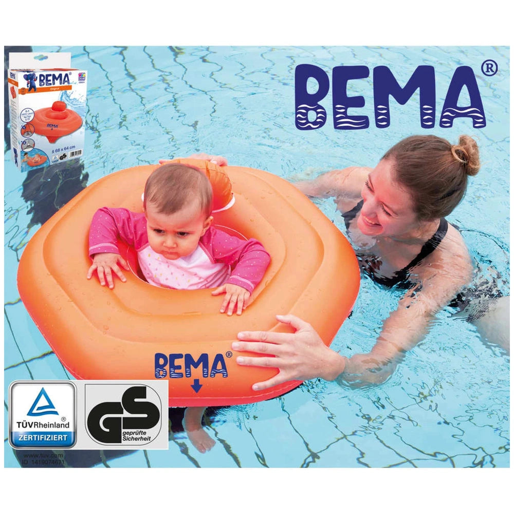 Happy People Bema Baby Swimming Seat packaging featuring a woman in a black swimsuit and a child in a pink top and white life