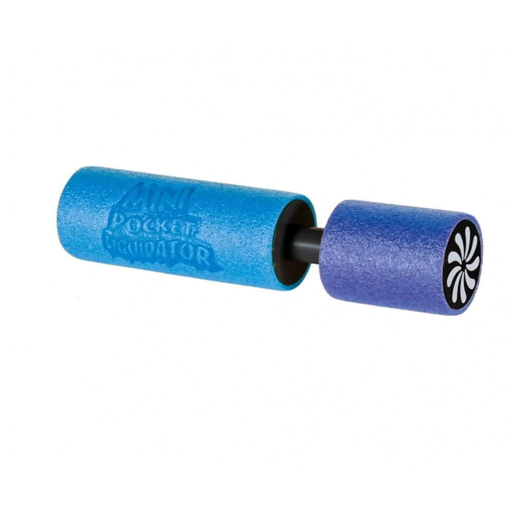 Happy People Foam Shooter Mini Pocket Liquidator in blue and black, featuring a compact design for easy handling.