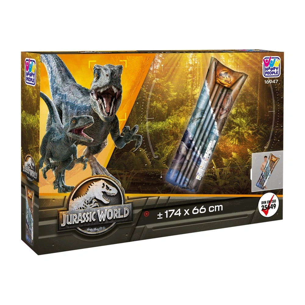 Happy People Jurassic World air mattress in glossy cardboard packaging features a gray dinosaur and vibrant yellow background