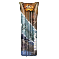 Jurassic World air mattress packaging features a glossy design with a dinosaur image, blue-green gradient, and visible logo.