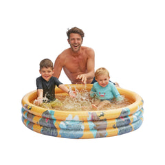 Happy People Jurassic World inflatable pool in yellow, blue, and gray with three people enjoying a lifestyle scene.