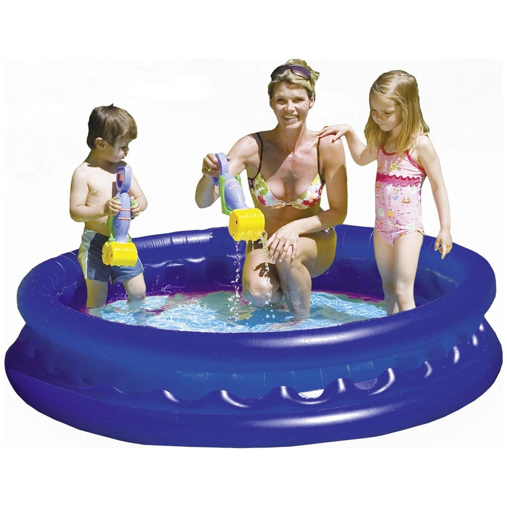 Happy People Pool Galaxy inflatable pool with three people, blue colors, woman in bikini and child with water toys.