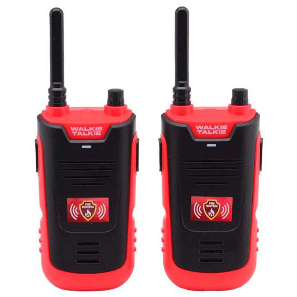 Happy World firefighter walkie talkie set in red with black accents, featuring multiple buttons and a matte finish.