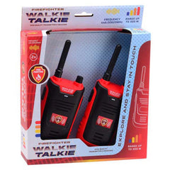 Firefighter Walkie Talkie Set in red and white box with two red and black walkie talkies and black antennas for kids.
