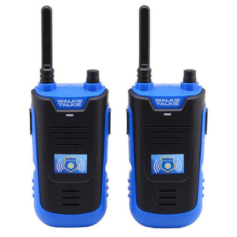 Happy World police walkie talkie with blue plastic casing, black antenna, buttons, and screen featuring police logos.