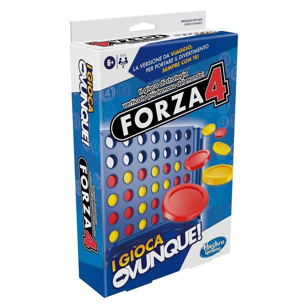 HASBRO Forza 4 Travel board game packaging features glossy blue background with vibrant red, white, and yellow text.