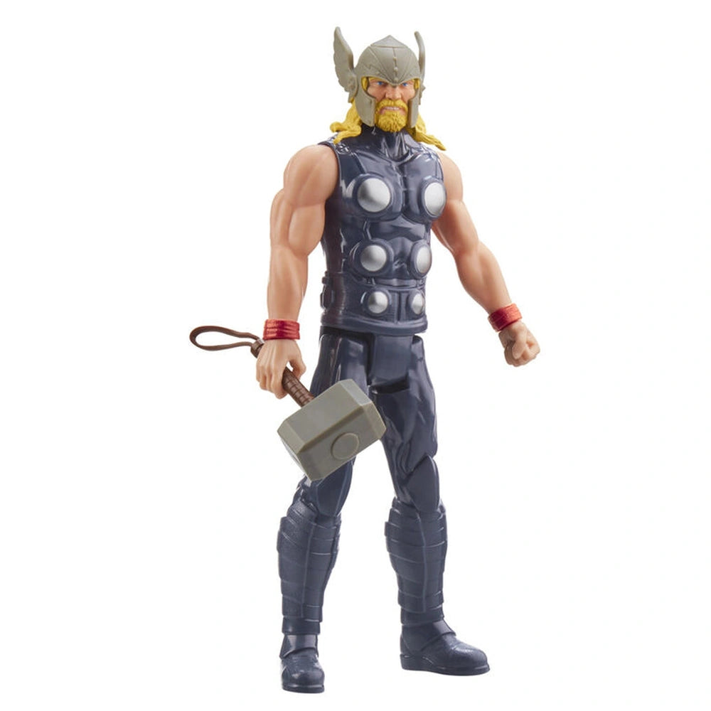 Hasbro Marvel Avengers Thor Deluxe 30cm action figure features shiny armor, metallic hammer, and muscular build in front view