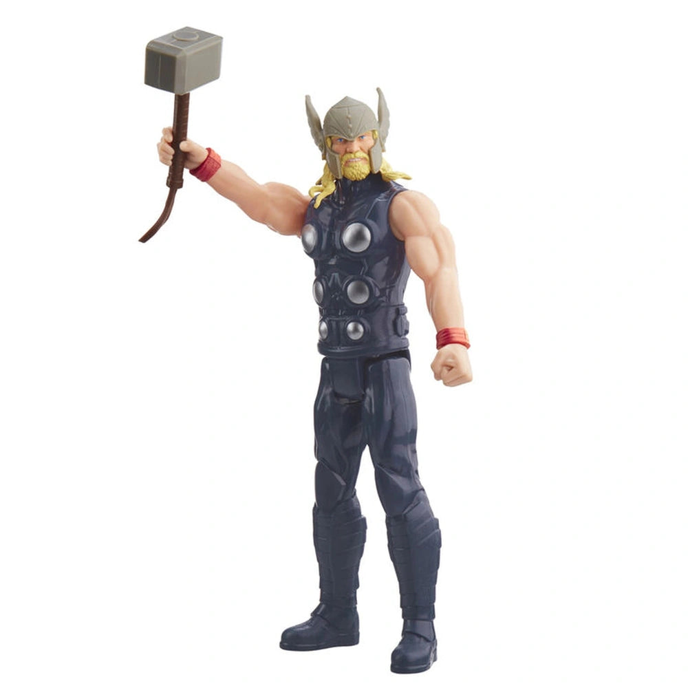 Marvel Avengers Titan Hero Thor action figure, 30cm tall, in blue costume with gray hammer, red accessories, and gold beard.