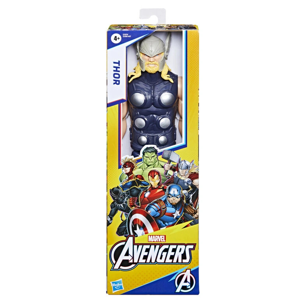 Hasbro Marvel Avengers Titan Hero Thor Deluxe action figure in yellow packaging with blue and red text details.