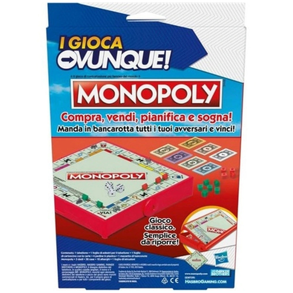 Monopoly Travel Italian Edition board game packaging features red, blue, and white colors with a clear plastic window.