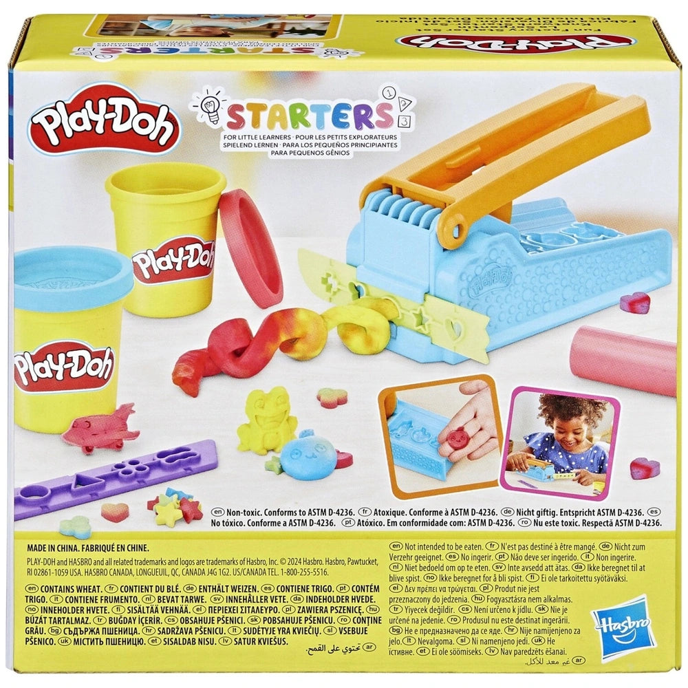 Hasbro Play-Doh Fun Factory Starter Set featuring colorful plastic toy parts and a yellow cardboard packaging design.
