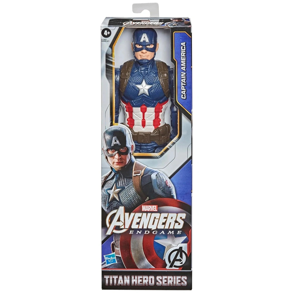 Titan Hero Captain America action figure in glossy packaging with transparent window, featuring red, white, and blue Avengers