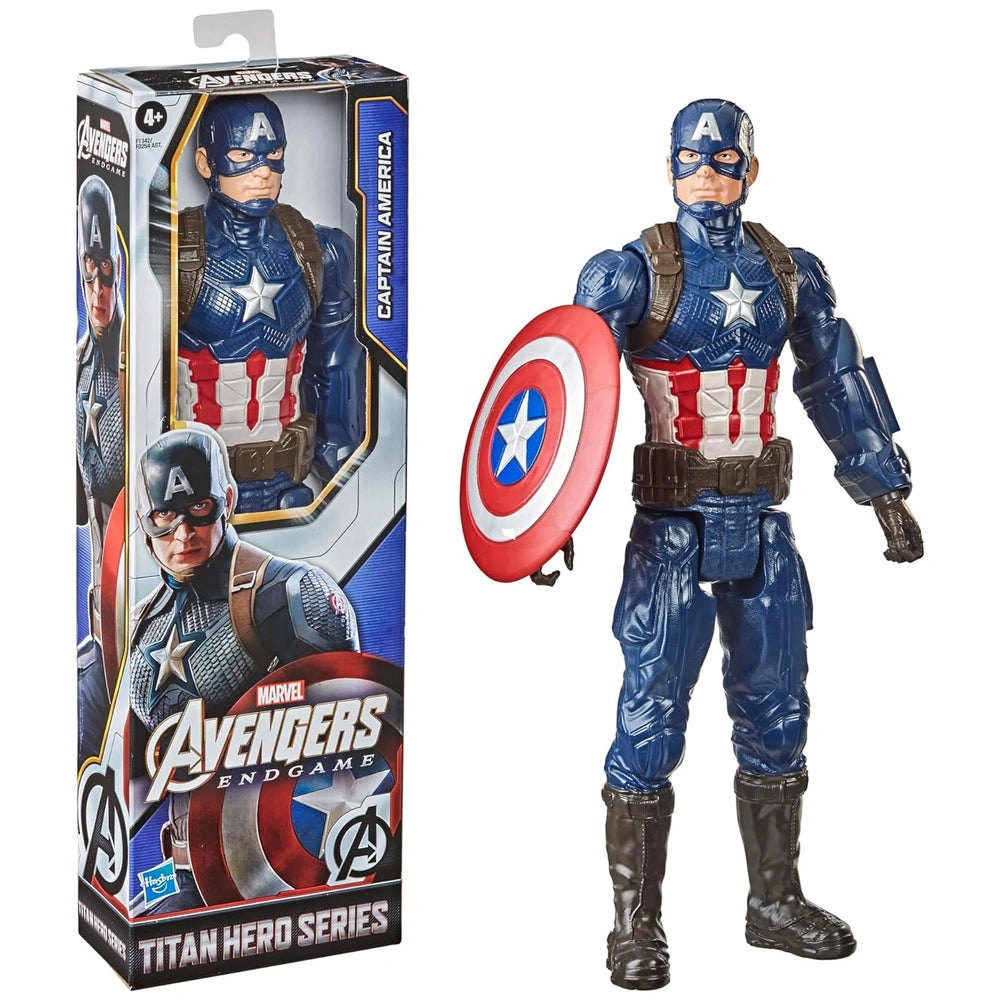 Titan Hero Captain America action figure in plastic packaging, featuring blue suit, red shield, and Avengers logo.