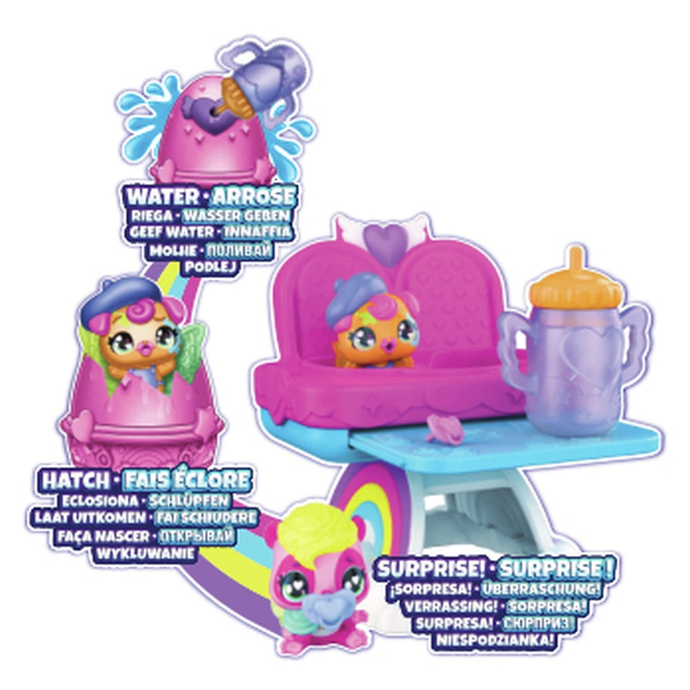 Hatchimals Alive Hungry Hatchimals Playset features colorful plastic toys including a highchair, watering can, bucket, and cu