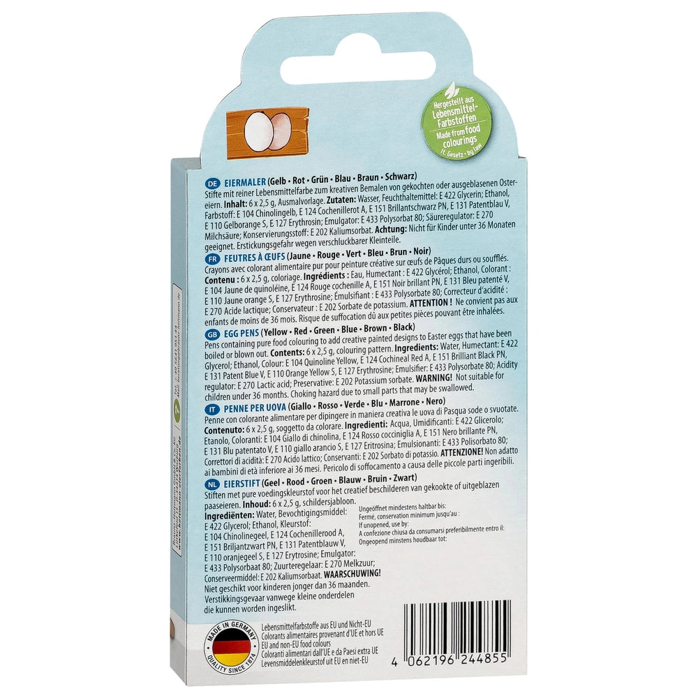 HEITMANN KREATIV Eiermaler in pastel colors, featuring a light blue background and multiple color labels for egg painting.