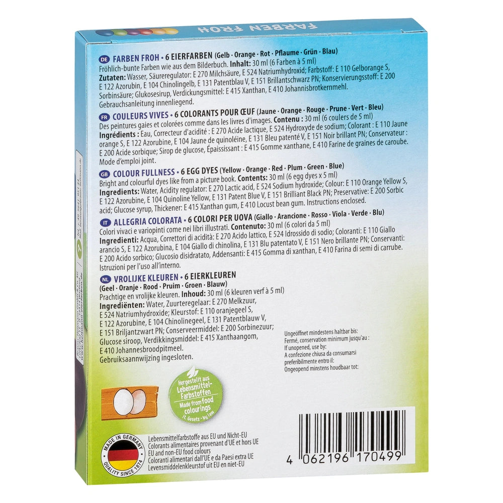 HEITMANN KREATIV food coloring packaging features six vibrant colors for eggs with a glossy finish and detailed ingredient li