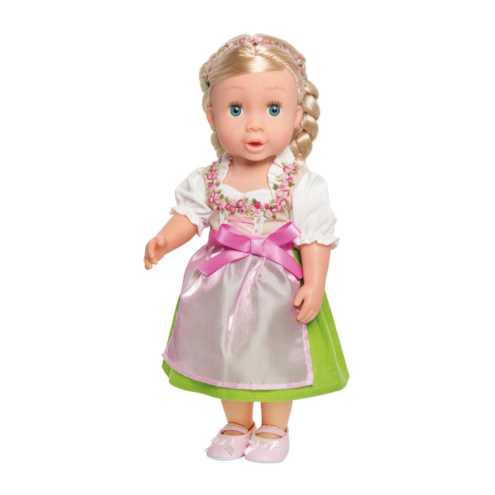 Heless Dirndl Heidi doll features blonde hair, blue eyes, a pink and white dress, green apron, and pink shoes.