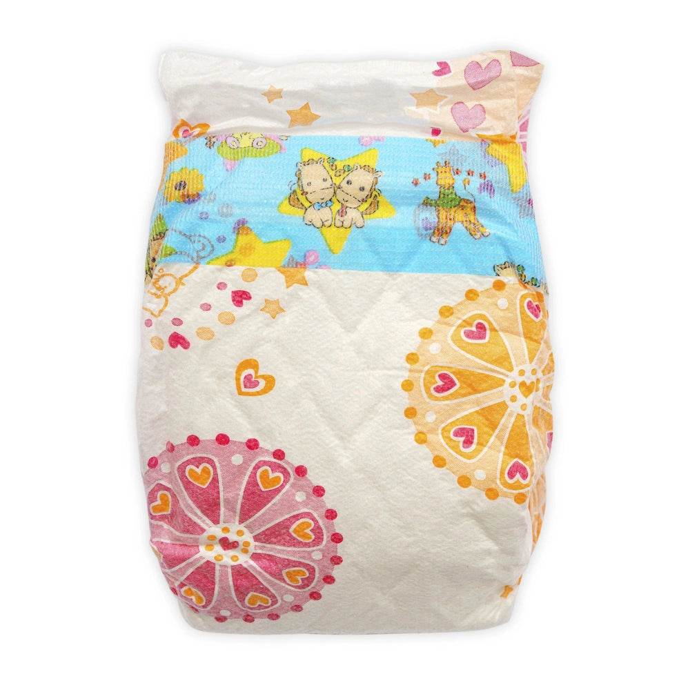 Heless dolls diapers in colorful patterns with hearts and stars, suitable for dolls sized 35-50 cm, reusable with fasteners.