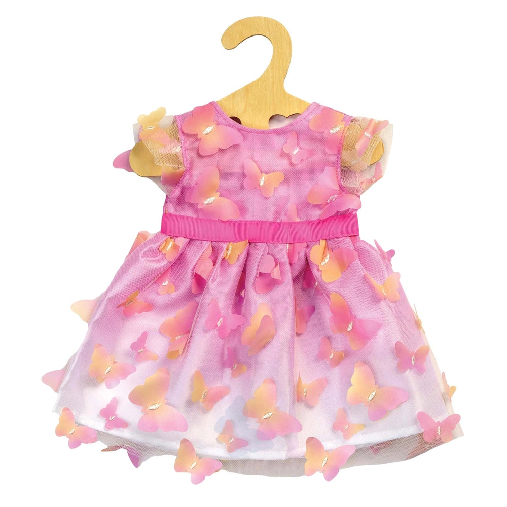 Heless Miss Butterfly dress for dolls, featuring pink butterfly print fabric layered over white, displayed on a wooden hanger