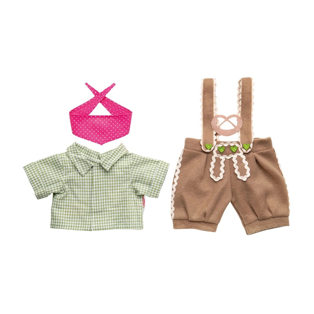 Heless 3-piece knickerbockers and shirt set for dolls, featuring a green checkered shirt and brown shorts with pink heart bow