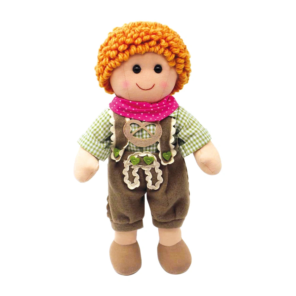 Heless Seppl Soft Doll with orange textured hair, wearing a green and white checkered shirt and dark brown pants.