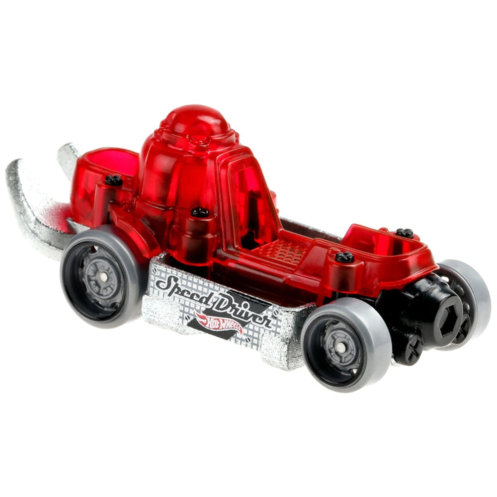 Hot Wheels HW Racing Track single vehicle pack features a red die-cast car with black wheels and clear plastic windows.