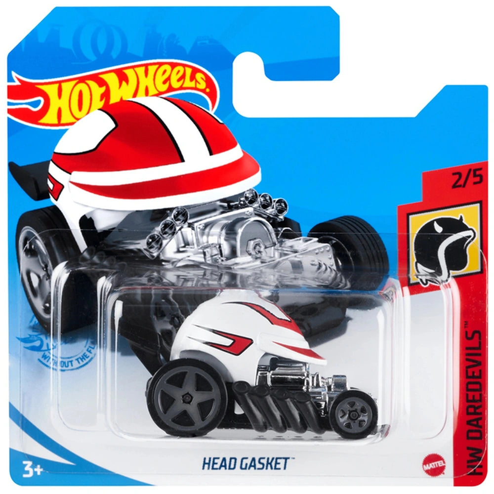 Hot Wheels HW Racing Track Single Vehicle Pack features a red and white die-cast car with black details in glossy packaging.