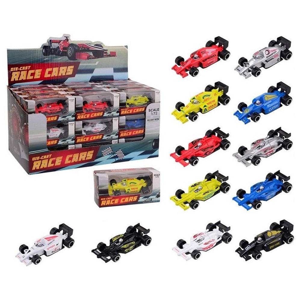 Johntoy Auto F1 Sport 1:72 packaging showcases six colorful race cars in a clear window, featuring a checkered flag design.