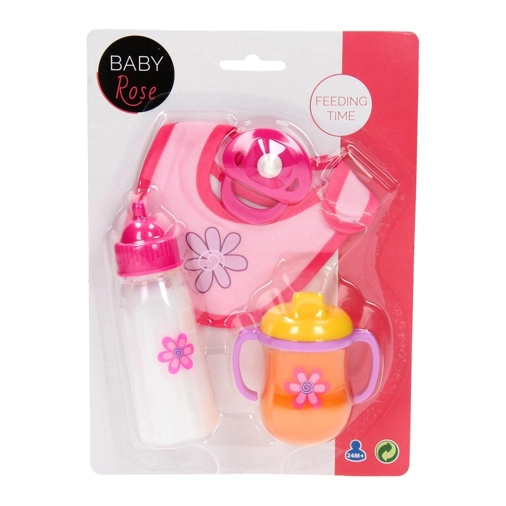 Baby Rose Doll Play Set Mealtime featuring a pink and yellow sippy cup with flower design in glossy red packaging.