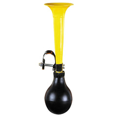 Bicycle horn made of yellow plastic tube, black plastic base, and metal clamp for outdoor play equipment.