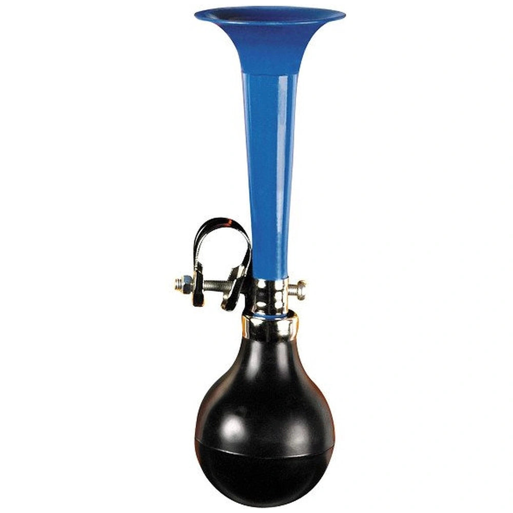 Bicycle horn with a shiny metallic blue top, matte black bottom, handle, and nozzle for outdoor play equipment.