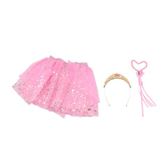 Princess dress up set featuring a pink glittery skirt, gold glittery headband, and pink heart-shaped tassel.