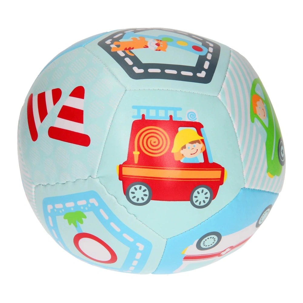 Johntoy 14 cm softball features a textured light blue surface with colorful patterns and playful illustrations for baby activ