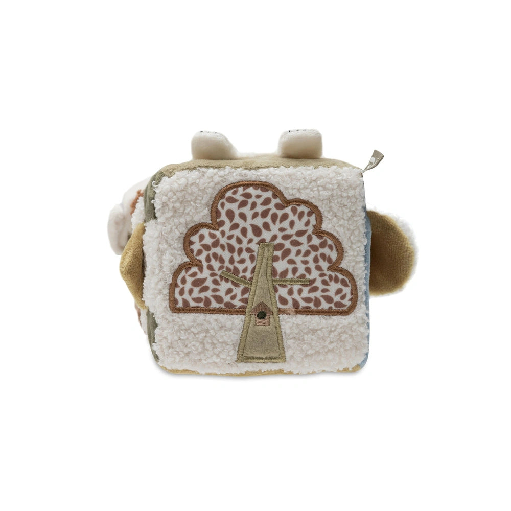 Jollein Activity Cube Tiny Park features soft beige fabric with brown spots, cloud design, and playful facial features.
