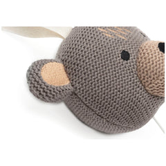 Jollein Musical Hanger Animals in soft gray knitted fabric with black reflective eyes, ears, nose, mouth, and tail.