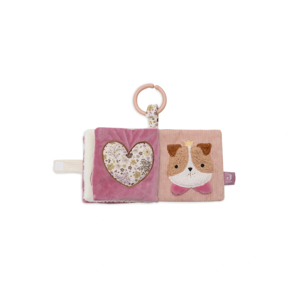 Jollein Soft Activity Book features a pink floral heart and a brown dog with pink ears, designed for baby play.