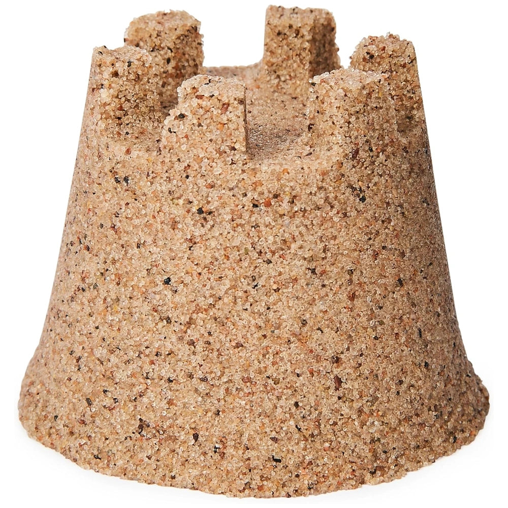 Kinetic Sand Mini Bucket features a textured, cylindrical structure with a mix of light and dark grains against a plain backg