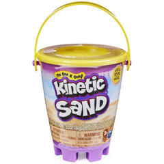 Kinetic Sand Mini Bucket features a purple plastic bucket with a yellow handle and playful text, designed for children.