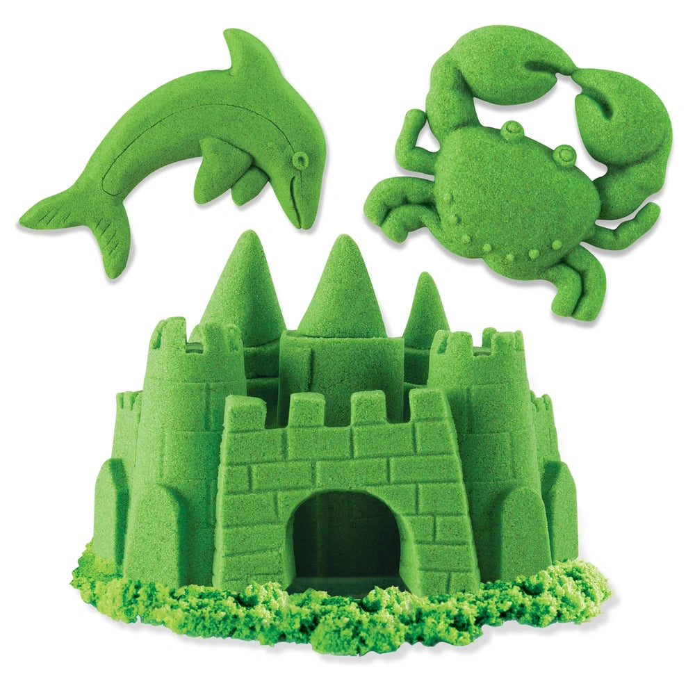 Kinetic Sand Neon features three green felt toys: a shark, a crab, and a castle, set against a plain white background.